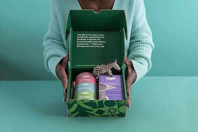 JusTea Holiday Tea Gift Box | Holiday Trio with Hand Carved Tea Spoon & Infuser Steeper Strainer | Loose Leaf | Variable Caffeine | Award-Winning | Fair Trade | Non-GMO