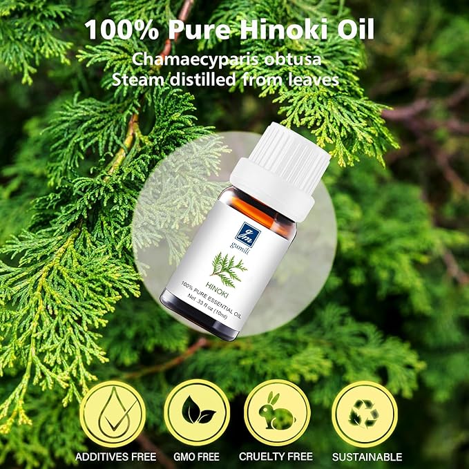 Hinoki Essential Oil 10ml - 100% Pure Natural Hinoki Oil for Diffuser, Aromatherapy, Hair Care, Massage, Fresh Woody Scent,
