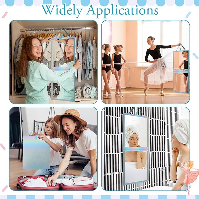 Chunful Foldable Backstage Mirror with Handle Holographic 33.5 X 13.4 Inch Folding Hanging Mirror Rectangular for Travel Dance Bag Home Fitness Spa Gift for Dancers(Blue)