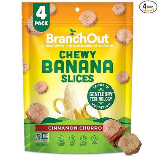 BranchOut Cinnamon Churro Banana Slices, Chewy & Full of Flavor, GentleDry, Better than Freeze Dried Banana Chips, Delicious Vegan Halloween Fruit Snacks for Kids & Adults, 2 oz Snack Size (Pack of 4)