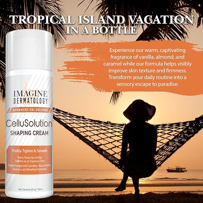 CelluSolution Caffeine Body Cream – Caffeine, Guarana, Licorice, & Niacinamide with Hyaluronic Acid, Hydrating Skin Cream Mess-Free Pump Bottle, 150ml/5oz - Island-Inspired Fragrance