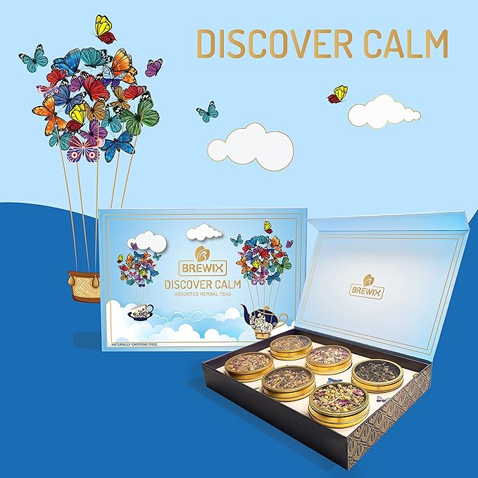 BREWIX, Discover Calm Premium Herbal Tea Christmas Gift Box (3.53oz/50+ Cups) | Tea Gift Sets For Tea Lover | 6 Unique Herbal Teas | Best for Birthdays, Anniversaries & Holidays