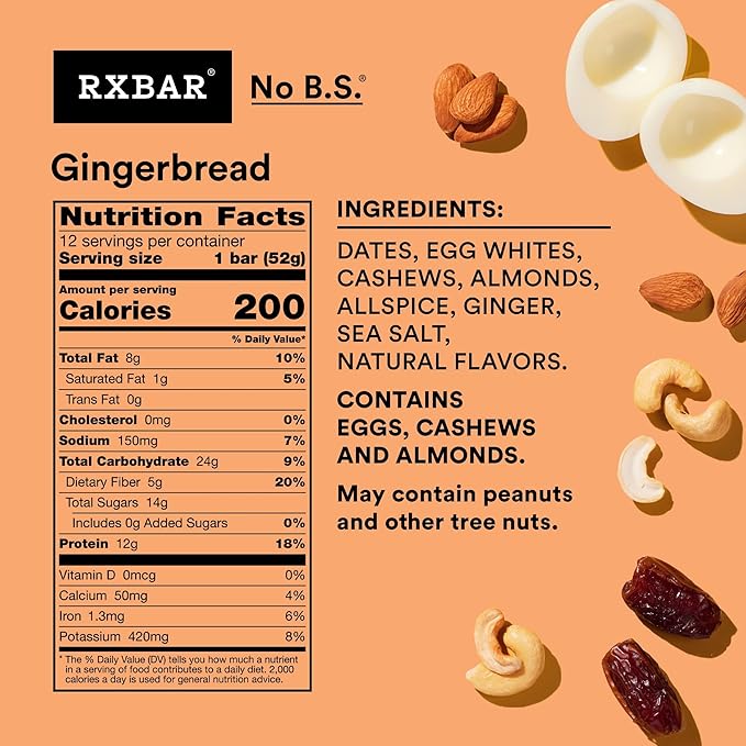 RXBAR Protein Bars, Protein Snack, Snack Bars, Gingerbread, 22oz Box (12 Count)