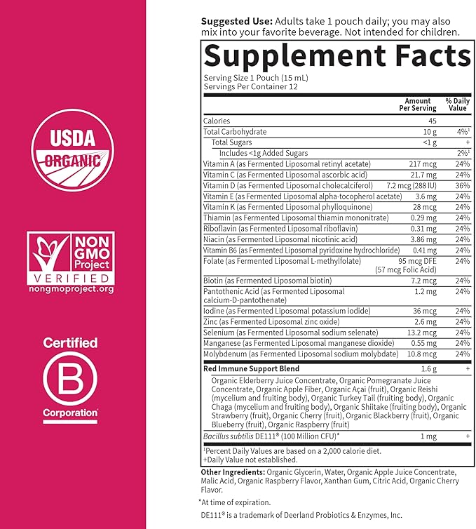 Garden of Life Superfoods Sips, 12 Single Serve Pouches, Vitamins, Probiotics, 13 Organic Superfoods, Functional Mushrooms, Immune Reds, Once Daily, Organic, Vegan, Preservative-Free, Berry Flavor