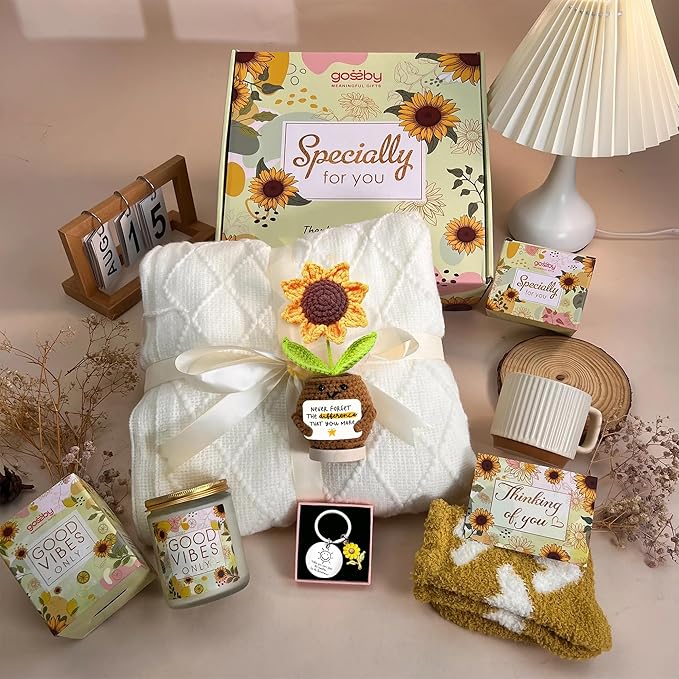 Gossby Gift Basket for Women - Happy Birthday Gift Set for Her, Mom, Sister, Friend, Coworker, Teacher - Get Well Soon, Thinking of You Sunflower Care Package - Never Forget The Difference You Make