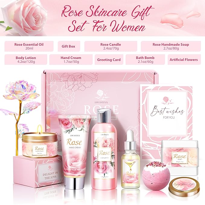 Gifts for Women, Happy Birthday Gifts for Women, Mothers Day Bath and Body Gifts for Woman with Unique Rose Self Care Gift, Home Spa Gift Basket for Mom, Girlfriend, Sister, Female Friends, Coworker