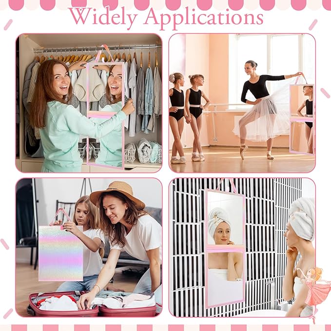 Chunful Foldable Backstage Mirror with Handle Holographic 33.5 X 13.4 Inch Folding Hanging Mirror Rectangular for Travel Dance Bag Home Fitness Spa Gift for Dancers(Pink)