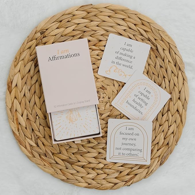 I Am Positive Affirmation Cards | 52 Decor Cards with Wooden Stand | Inspirational Cards with Soothing Colors to Display on Vision Boards | Giftable Affirmations