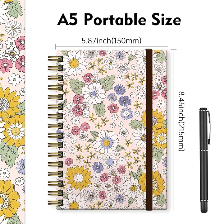 Cute Spiral Notebook, Journal for Women, Hardcover Spiral Journal, 5.5 x 8.3 Inches, 120 Pages,100gsm Paper, for Gifts Nurse Teacher Women Office Supplies(Cute Boho Flower)