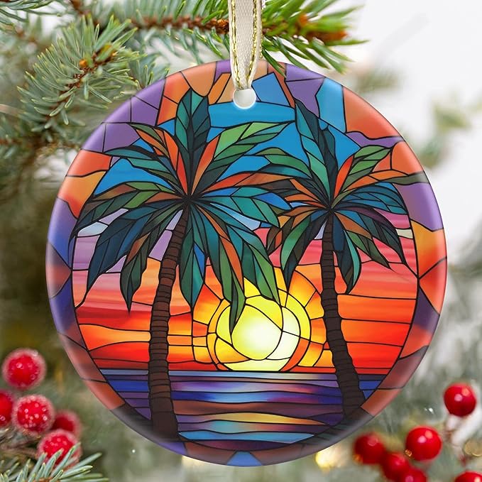 Christmas Ornament - Round Ceramic Decor - Christmas Hanging Decor - Christmas Tree Decorations - Christmas Tree Ornaments - Gifts Exchange (Retro Beach)