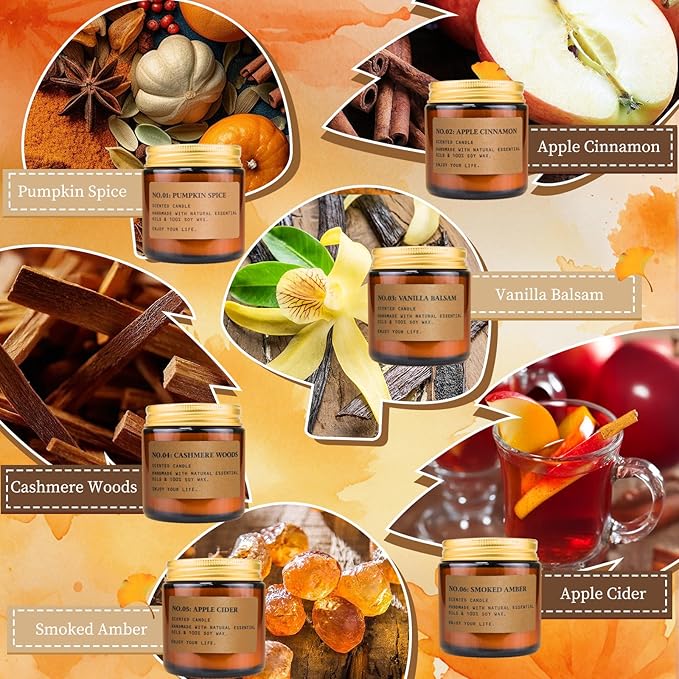 Fall Candles for Home Scented, 6 x 3.5 oz Soy Wax & 150 Hours Long Lasting Autumn Candles Sets, Gifts for Women Birthday Thanksgiving Day Merry Christmas | Pumpkin Spice, Apple Cinnamon