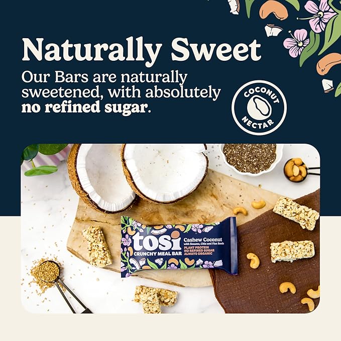Tosi Cashew Coconut Protein Bars, Plant Based with Nuts, Gluten-Free Crunchy Snacks, Vegan, Organic, Flax & Chia Seeds, Soy-Free, Omega 3s, 14G Protein, 2.4 oz, 12-Pack