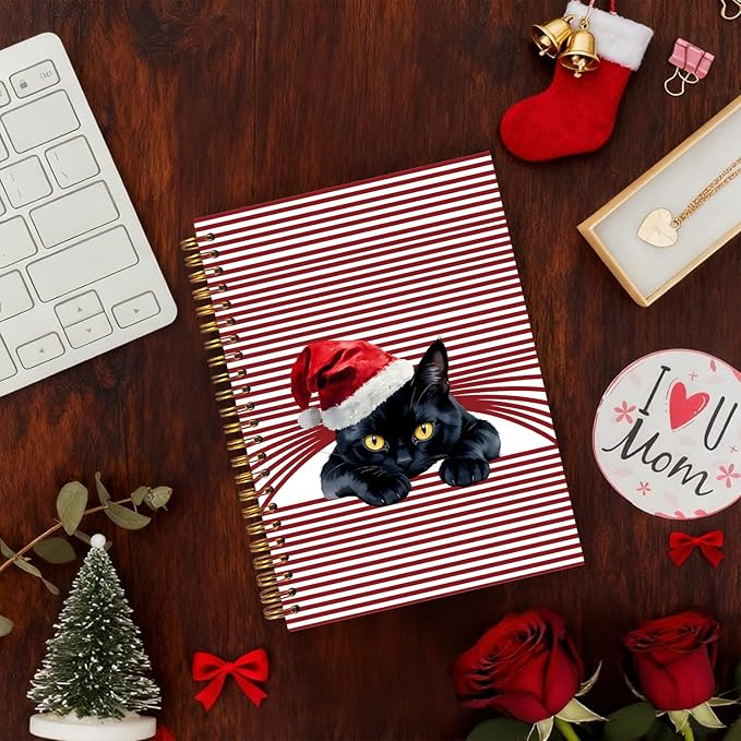 Exqcom Christmas Black Cat Spiral Notebook Gifts, Black Cat Gifts Journal for Women, Funny Santa Hat Cute Kitty Hardcover Notebook Journal Office School Supplies, 5.5x8.3 Inch