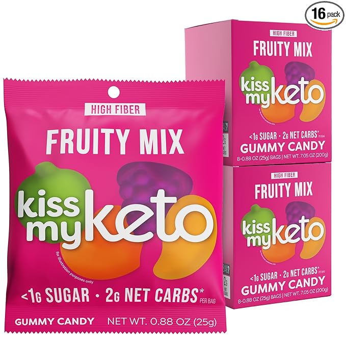 Kiss My Keto Sugar Free Gummies, Fruity Mix 16-Pack – Satisfy Cravings while Staying in Ketosis – High Fiber, 7g Net Carbs, Non-GMO, Vegan, & Gluten-Free – Low-Calorie Vegan Candy
