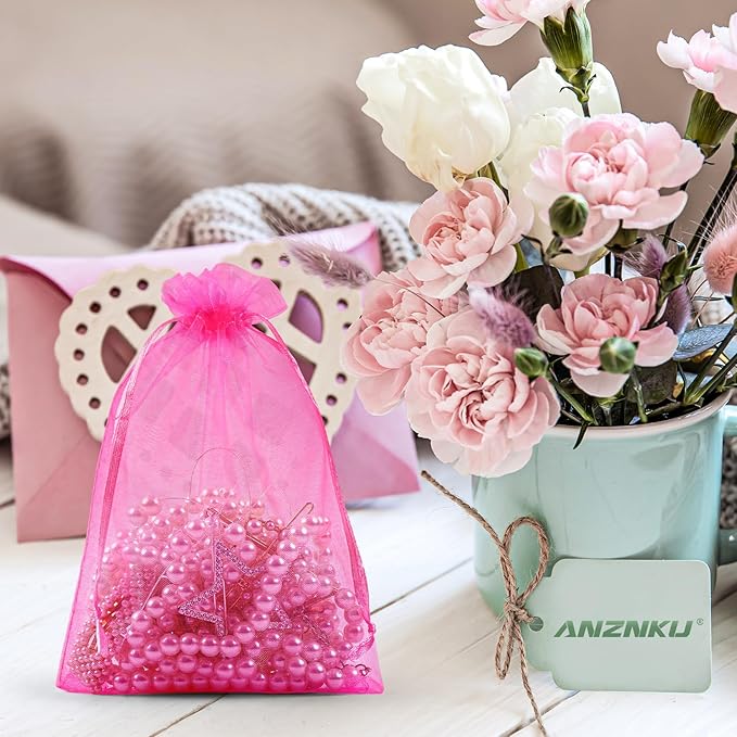 ANZNKU 50 Pack Hot Pink Organza Bags 5 x 7 inch Mesh Drawstring Gift Bags Jewelry Bag Small Mesh Bag for Christmas Candy Party Wedding Favor