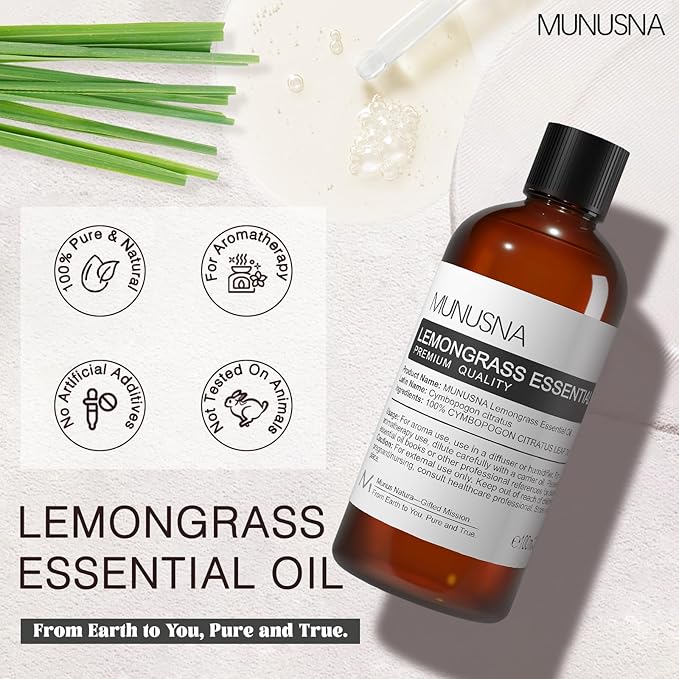 Lemongrass Essential Oil, 100% Natural & Pure Lemongrass Oil 100ML, Premium Grade Essential Oils Aromatherapy Scented Oils for Diffusers, Home Care, Skin, Laundry, Spray, Candle Soap Making