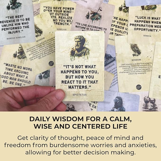 Daily Stoicism Affirmation Cards - 50 Stoic Life Change Quotes, Philosophy Gift for Men in Tin Box with Wood Stand - Desk Accessories Office Decor for Men - Inspirational & Motivational Cards