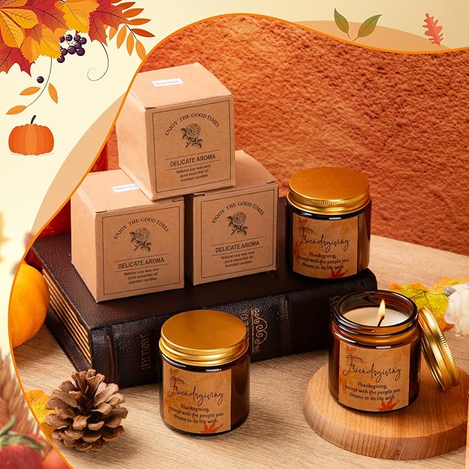 3 Pcs Thanksgiving Gifts Fall Scented Candles Set 3.5 Oz Soy Wax Pumpkin Scented Glass Jar Candle Friendsgiving Gift for Friends Coworker Women Men Autumn Birthday (Amber)