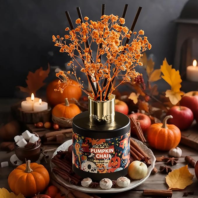 Airkeep Reed Diffuser Set,3.38 fl oz (100 ml) - Pumpkin Chai Oil Diffusers with 8 Reed Sticks, Home Fragrance Reed Diffuser for Bathroom Shelf Decor