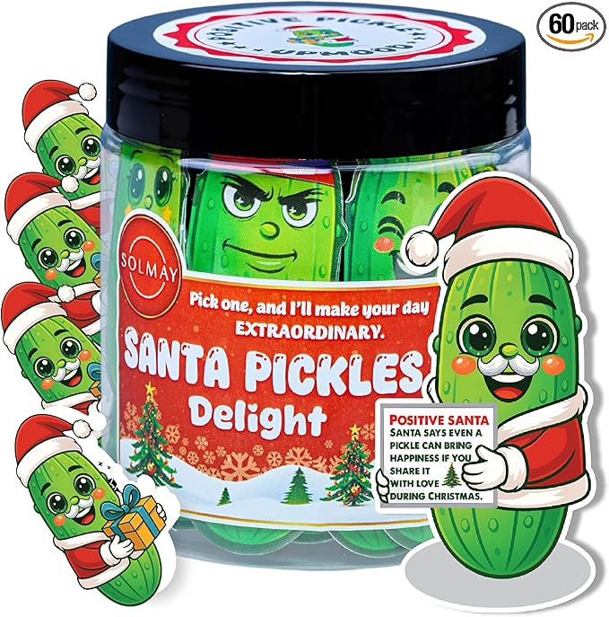 Funny Holiday Pickle Jar for Santa – 60 Motivational Notes & Gag Affirmations | Secret Santa Gift, Stocking Stuffer, Christmas Desk Decor, Just Because Holiday Pickle Gift for Adults, Coworkers