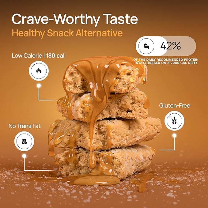 ProGo Protein Bars, Low Sugar, High Protein Snacks (21g) - 95% Pure Isolate for Faster Muscle Growth & Recovery, Low Calorie, Sweetened w/Peanut Butter & Raw Honey (20-Count, Salted Caramel Crunch)