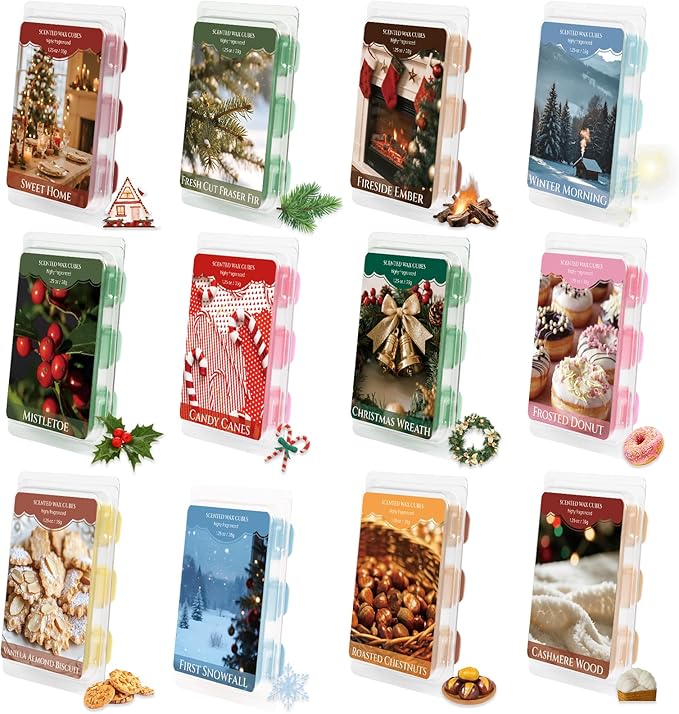 SCENTORINI Christmas Wax Melts, Soy Wax Melts for Wax Warmers Non-Toxic, 12-Pack Scented Wax Cubes Strong Scent, Long Lasting Fragrance Gifts for Christmas