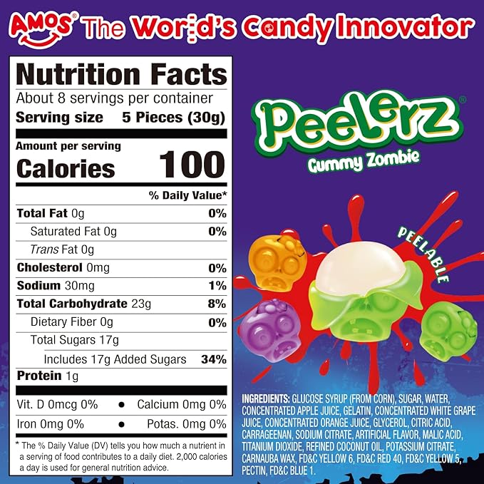 AMOS Halloween Peelerz 4D Zombie Gummy Candy Treats - Chewy & Tangy Individually Wrapped Gummies for Kids Parties Trick or Treat - Pack 240g (8.47oz)
