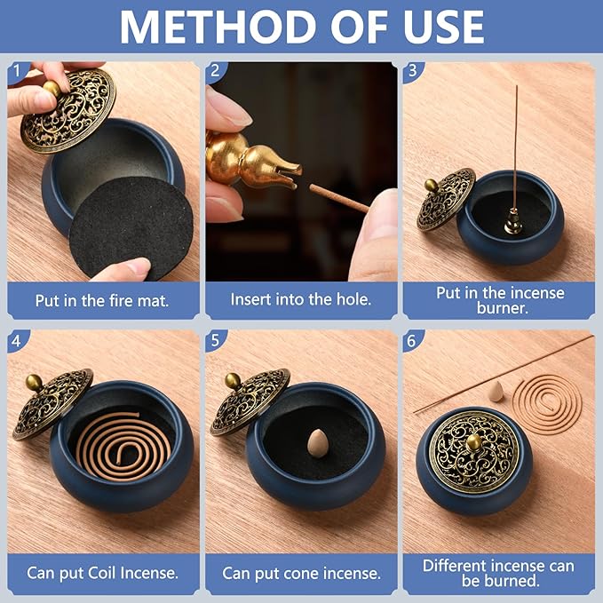 Ceramic Incense Burner with Incense Holder+ Fireproof Cotton,Handmade Smudging Burn Bowl for Stick or Coil Incense,Sage Cones, Frankincense and Mosquito Incense (Blue)