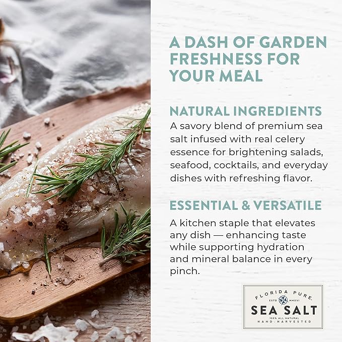 FLORIDA PURE Celery Sea Salt - 80+ Mineral Sea Salt, Natural, Unrefined, Non Iodized - for Baking, Cooking, Seasoning & Cocktail Rims - Rich Taste Flaky Sea Salt (5 oz Jar)