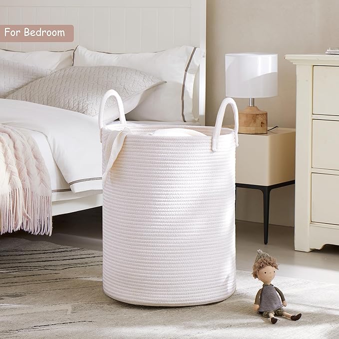 60L Pure White Woven Hamper Laundry Basket Cotton Rope Blanket Basket for Living Room 20 inches Tall Clothes Hamper for Baby Nursery Kids in Bedroom