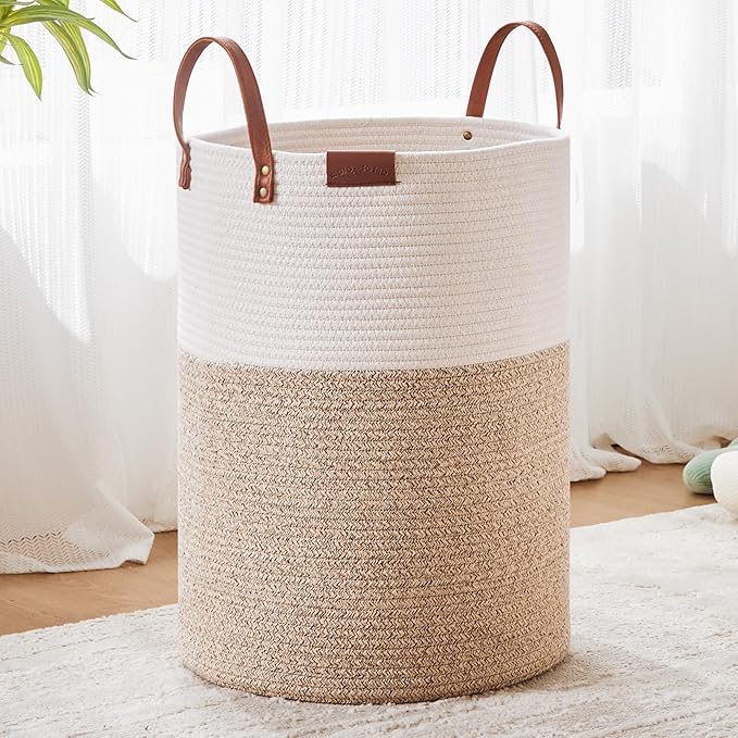 62L Woven Rope Hamper Laundry Basket for Clothes Hamper in Living Room Bedroom Bathroom for Nursery Kids Brown Large Tall
