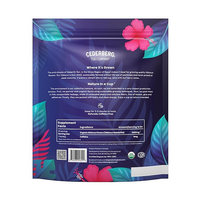 Cederberg Tea Company Organic Hibiscus Tea — 30 Tea Bags | Organic Herbal Tea From Single Origin | Eco-Friendly Tea Bags | Non-GMO Caffeine Free Tea With Zero Sugar