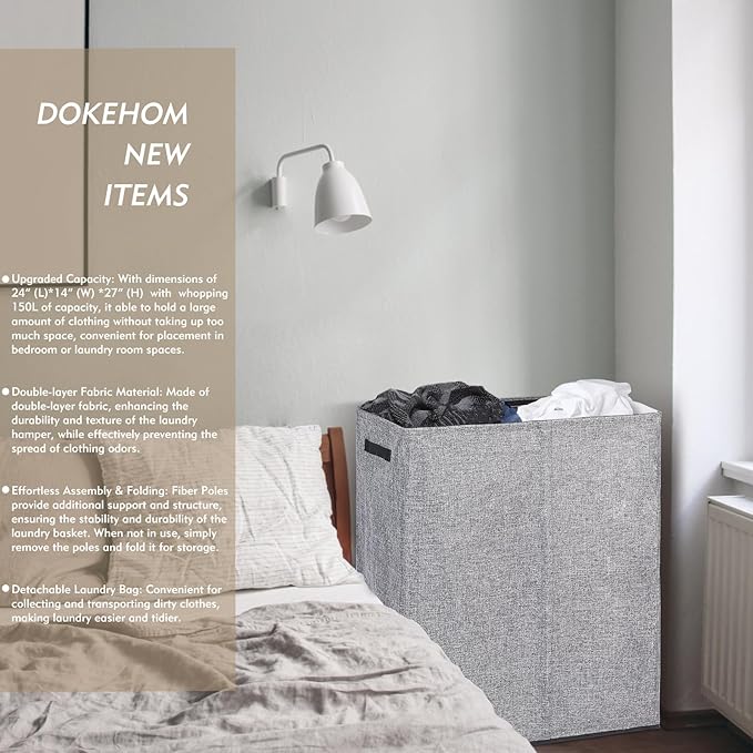 DOKEHOM 150L Double Laundry Basket with Lid and Removable Laundry Bags, Large Collapsible Laundry Hamper with 2 Sections for Bedroom, Bathroom, Laundry Room, Colloge (Grey)