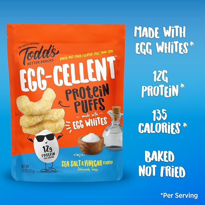 Todd's Better Snacks Egg-Cellent Protein Puffs, Sea Salt & Vinegar – 12g Protein, Gluten-Free, Paleo-Friendly, Baked, GLP-1 Compliant – Healthy Snack, Made with Egg Whites – 2.5 Oz (Pack of 4)