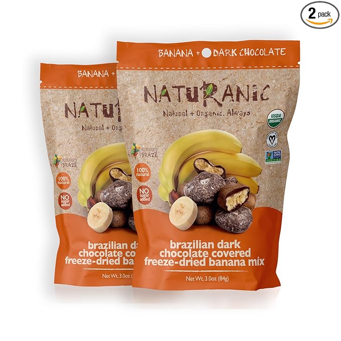Naturanic Brazilian Dark Chocolate Covered Freeze-Dried Banana Snack, Gluten Free, No sugar, All Natural, Organic, Vegan - Pack of 2