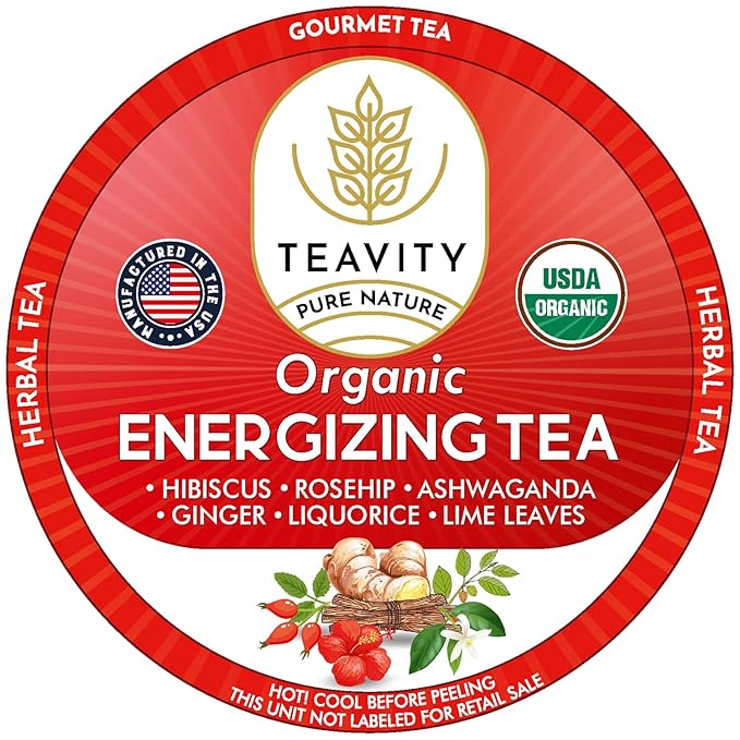Organic Ashwagandha Tea Pods for Keurig with Ginger, Licorice, Organic Hibiscus Sabdariffa, Rosehip, & Lime - Decaf Herbal Tea - Energizing Tea by Teavity (12 Tea Pods)