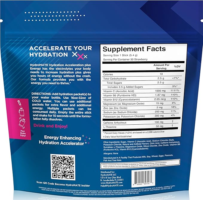 HydroMATE Electrolytes Powder Drink Mix Packets Hydration Accelerator Low Sugar Rapid Party Relief Recovery Vitamin C Plus Caffeine Strawberry 30 Count