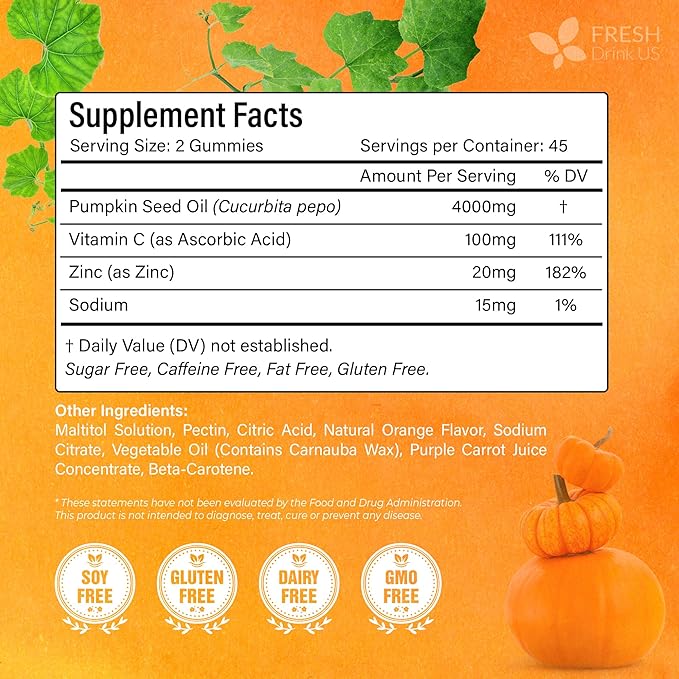 FRESHDRINKUS, Pumpkin Seed Oil Gummies | 90 Count | 4000mg with Zinc & Vitamin C – Plant-Based, Non-GMO, Gluten-Free – Premium Men’s & Women’s Wellness Gummies