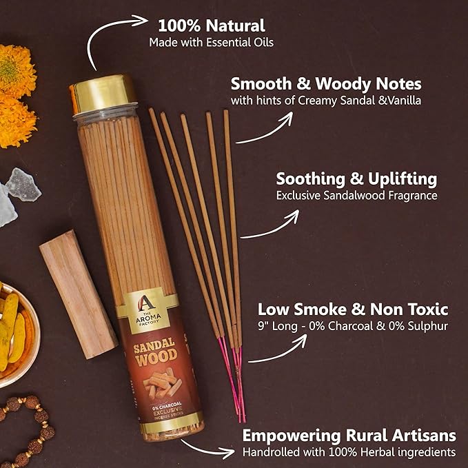 The Aroma Factory Chandan Sandalwood Agarbatti for Pooja, Luxury Incense Sticks, Premium and Fresh Fragrance for Home, Meditation (Bottle Pack of 1, 100 Gram) 4 Cm X 4 Cm X 26 Cm Multicolour