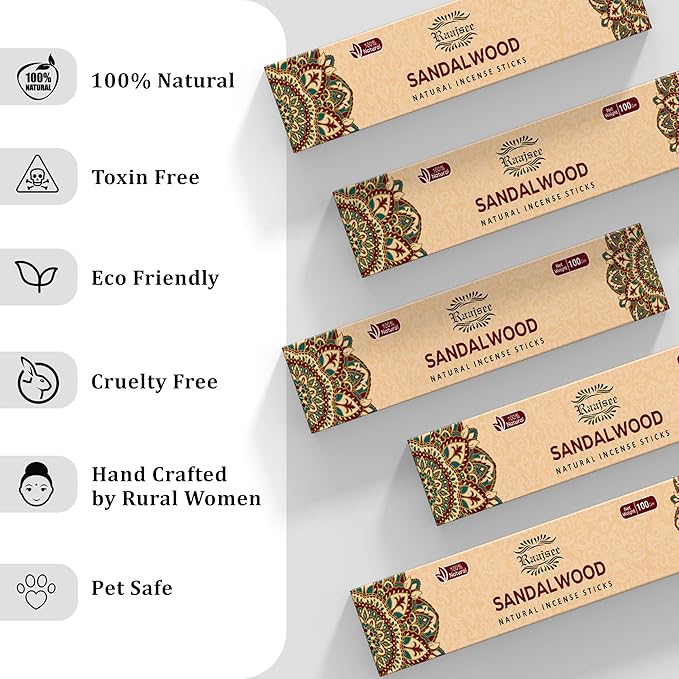 Raajsee Sandalwood Incense Sticks (180 gm), 100% Pure Organic Natural Hand Rolled Free from Chemicals - Sandalwood Incense Perfect for Aromatherapy, Cleansing, Meditation, and Church (Pack of 12)