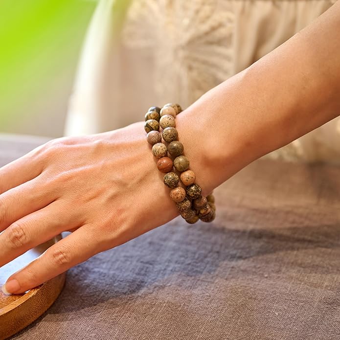 Bivei Natural Gemstone Semi Precious Healing Crystals Handmade Stretchy Round Beads Bracelet, Enhance Positive Energy