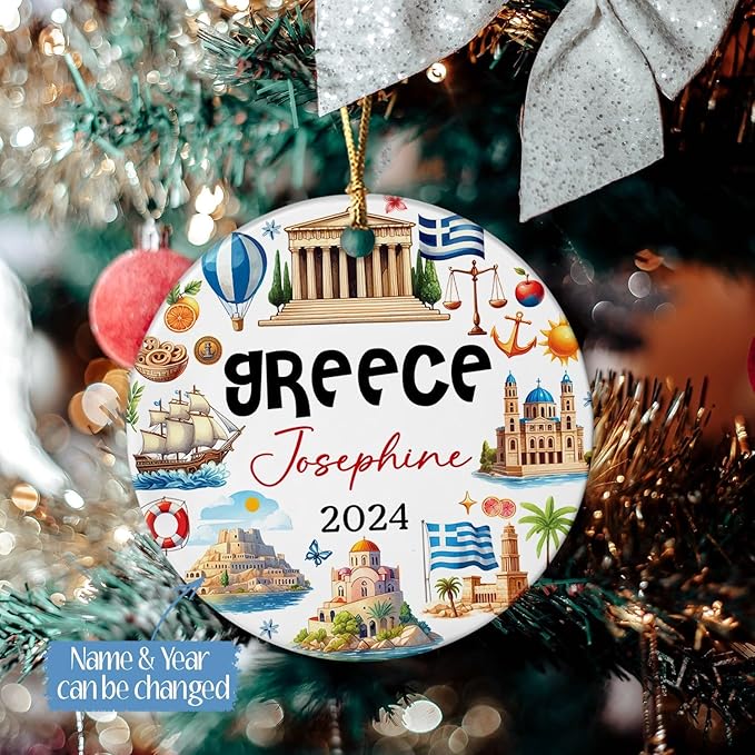 Landmarks and Symbols of Greece Christmas Ornament 2025, Personalized Greece Travel Xmas Ceramic Ornament, Greece City Souvenir Ceramic Ornament, Custom Name Greece Vacation Christmas Keepsake Decor