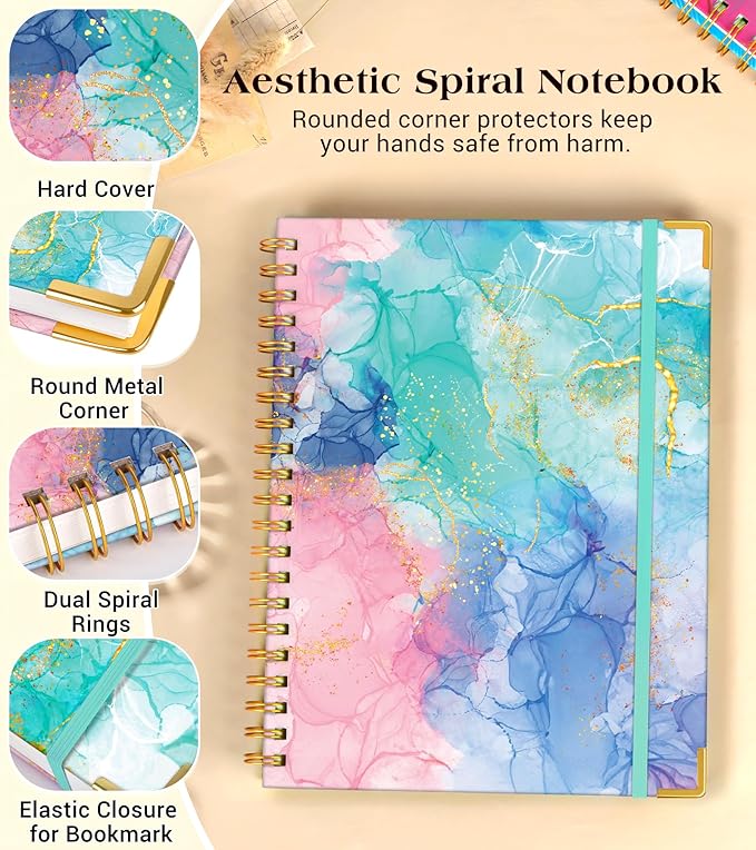 Lined Spiral Notebook Journal for Women, 200 Pages Cute Notebooks 8.5” x 11”, A4 Large Hardcover Spiral Journals with 100 GSM Thick Paper, College Ruled Notebook for Writing Work School, Pink Blue Marble