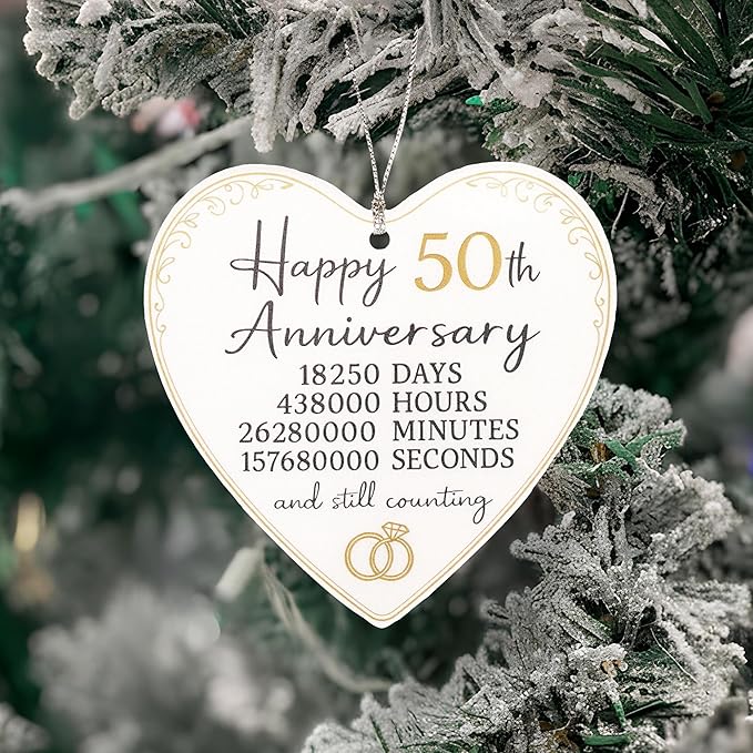 50th Christmas Anniversary Ornament 2025 – Golden Anniversary Gift | Heart Keepsake – Love Story Card – Anniversary Ornament – White elephant gifts - Xmas Tree Funny Decoration