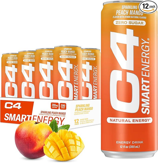 Cellucor C4 Smart Energy Drink ‚ Boost Focus and Energy with Zero Sugar, Natural Energy, and Nootropics - 200mg Caffeine - Peach Mango (12oz Pack of 12)