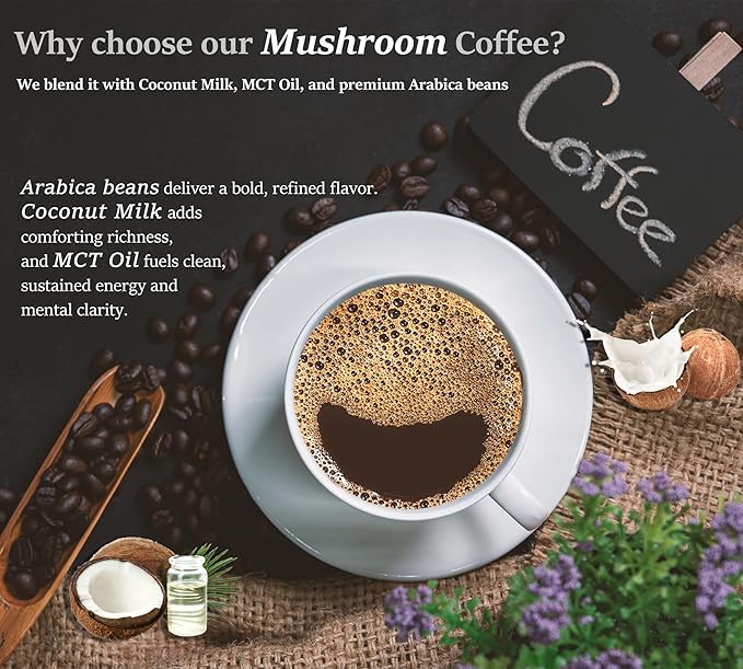 DLNIA Organic Mushroom Coffee with 12 Adaptogenic Mushrooms, Arabica Beans, Coconut Milk & MCT Oil | Cordyceps, Lion’s Mane & Turkey Tail Instant Coffee for Better Energy, Focus, Digestion, Immunity