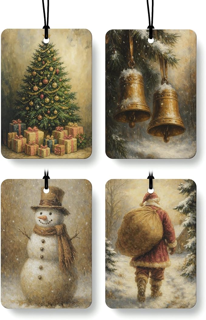 Vintage Christmas Berry Car Air Freshener 4 Pcs, Winter Bell Xmas Tree Snowman Santa Hanging Air Freshener for Cars Closet Drawer Books, Rustic Christmas Car Accessories Mirror Decor for Women
