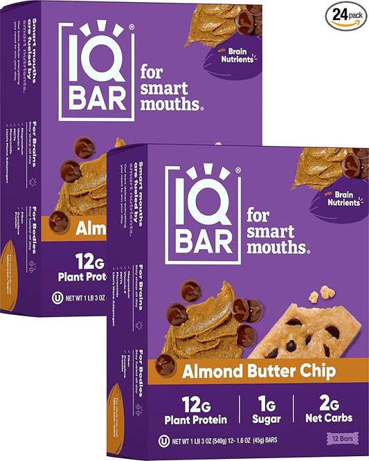 IQBAR Brain and Body Plant Protein Bars - Almond Butter Chip - 24-Count - Keto, Vegan, Low Carb, High Fiber, Gluten Free, Dairy Free, Low Sugar Snack with Nutrients for Focus, Energy, Meal Replacement