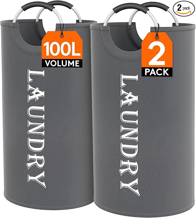 Lifewit 100L 2-Pack Large Laundry Basket, Collapsible Laundry Hamper with Aluminum Handles, Waterproof Freestanding Dirty Clothes Hampers for Laundry Room Bedroom Dorm Bathroom, Grey