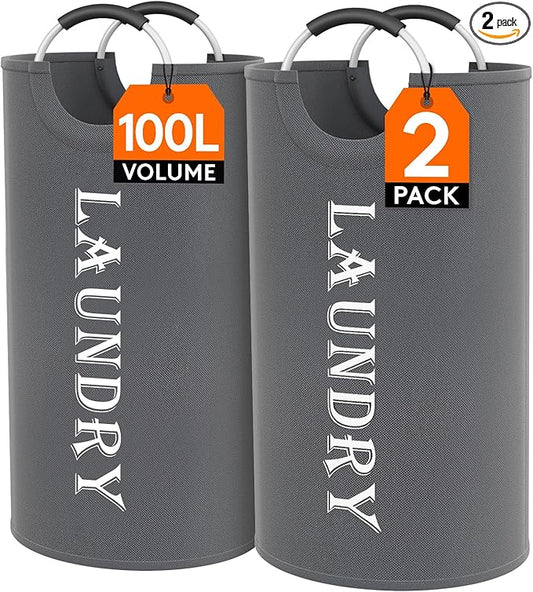 Lifewit 100L 2-Pack Large Laundry Basket, Collapsible Laundry Hamper with Aluminum Handles, Waterproof Freestanding Dirty Clothes Hampers for Laundry Room Bedroom Dorm Bathroom, Grey